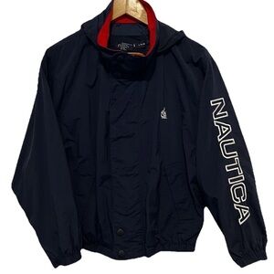Vintage Nautica Nylon Jacket Sailing Navy Blue Hooded  Kids L (16-18) 90s